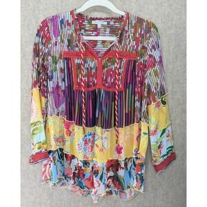 John Mark Mixed Print Tunic Top Boho Floral Stripe Tassel Split Neck Small